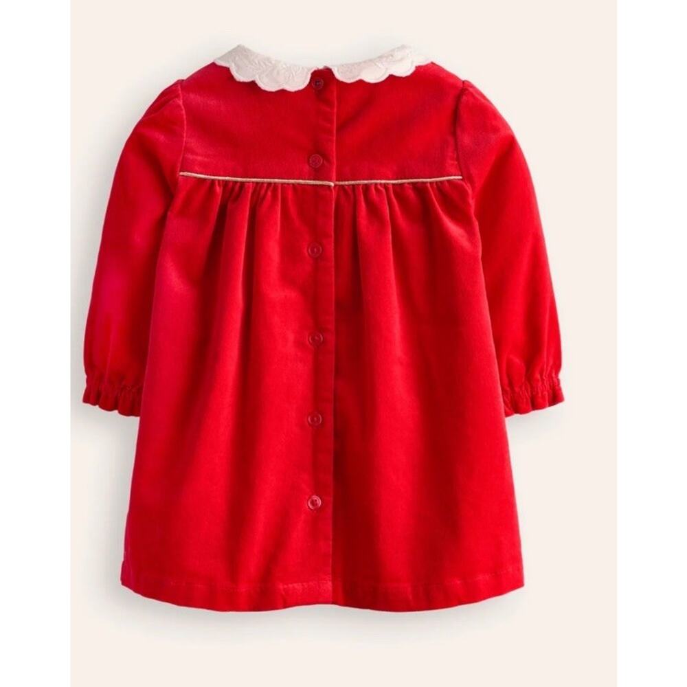 Mini Boden Appliqué Velvet Dress Poppy Red Size 0-3 Months Lined Lace Collar - Picture 2 of 11